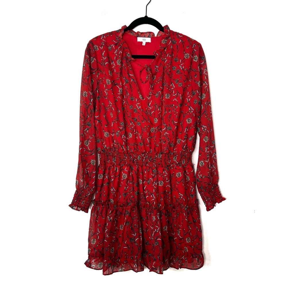 NSR Red Emma Floral Smocked Long Sleeve Mini Dress Large